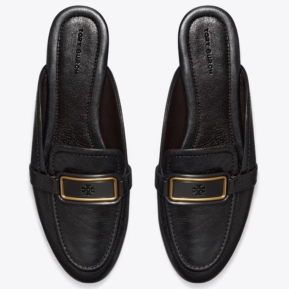 Tory Burch $298 Georgia Backless Loafer Flats Mules Black Gold Logo - Picture 3 of 9
